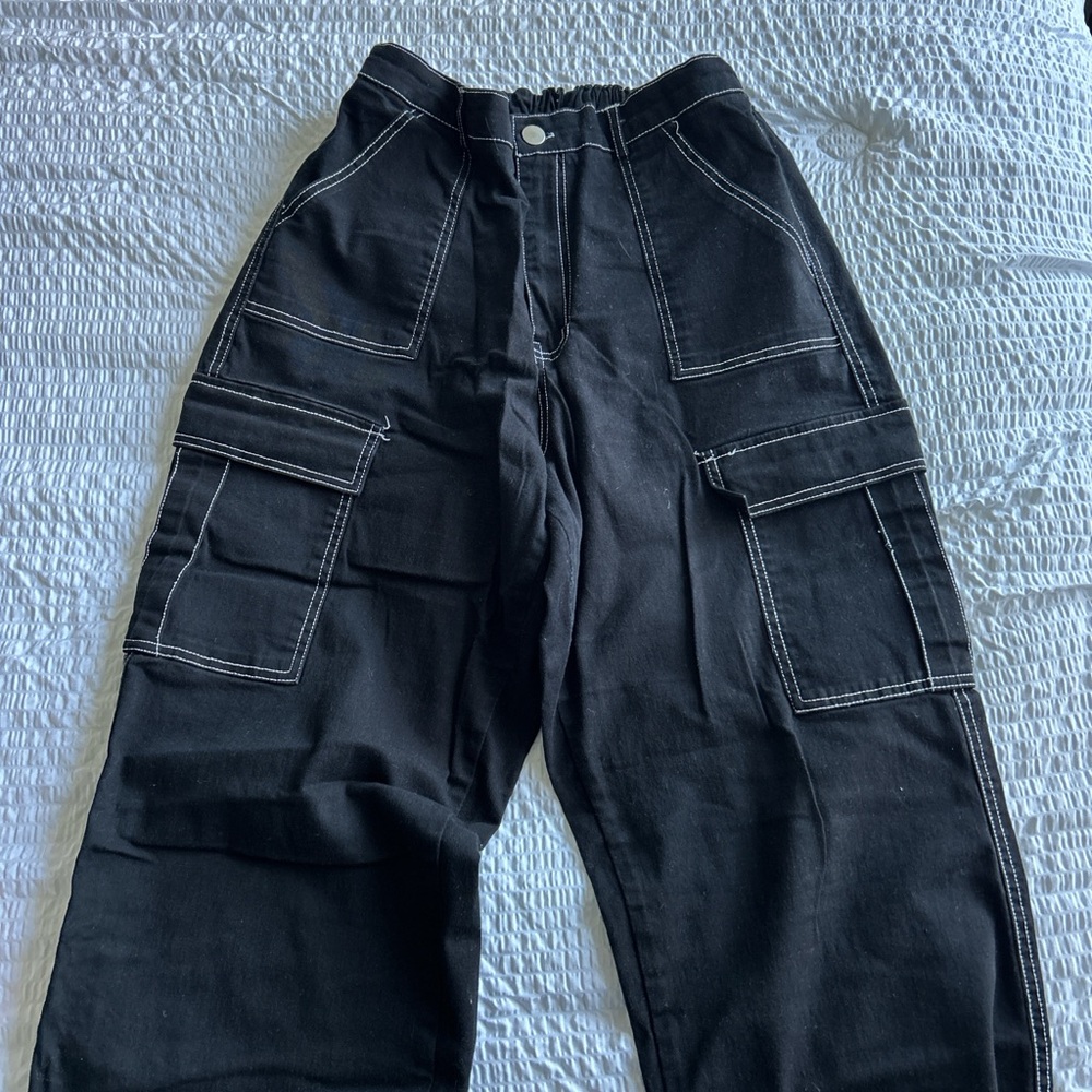 Women's Black Wide Leg Cargo Pants with white seams